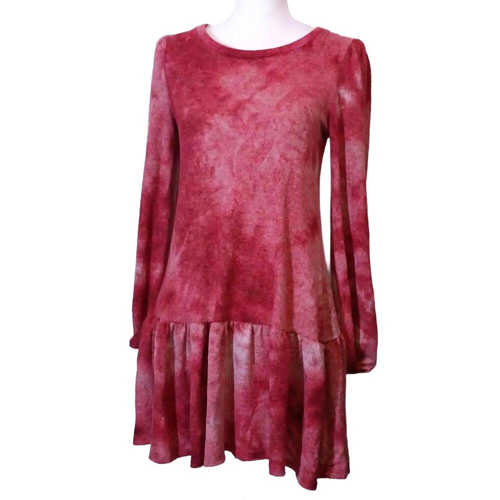 NEW‎ Ultra Flirt Drop Waist Ruffle Hem Tie-Dye Mini Dress in Pink/Red, Size M